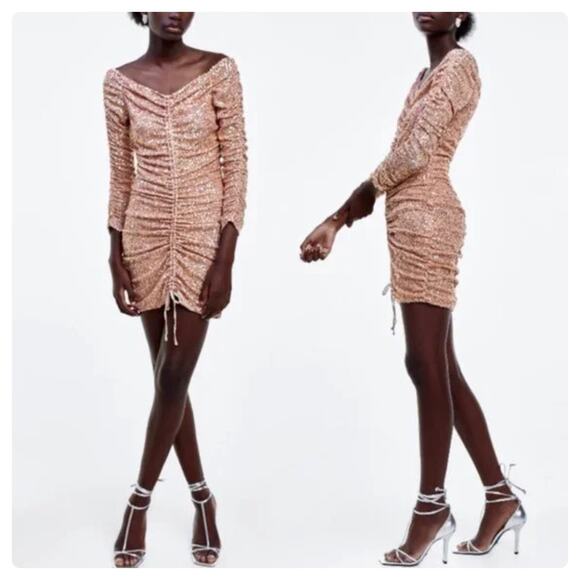 Zara Rose Gold Sequin Long Sleeve Ruched Mini Dress Small Cocktail Off Shoulder - Picture 16 of 16
